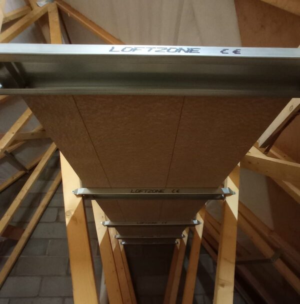 underside of installed wooden attic shelf