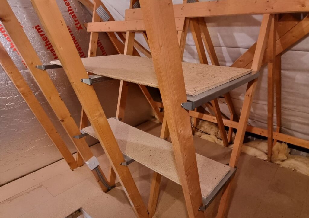 Wooden shelves in an attic.